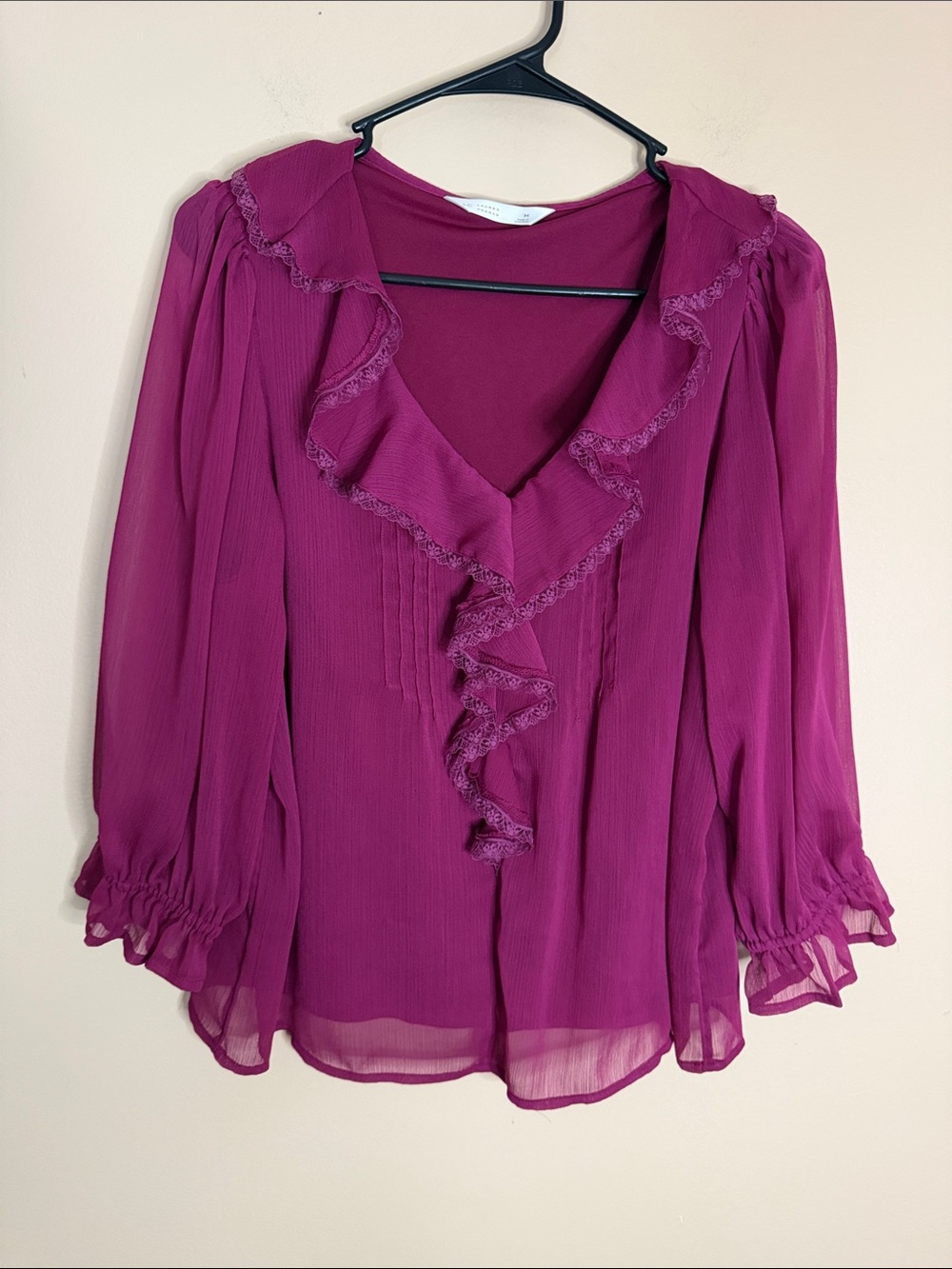LC Lauren Conrad Magenta Ruffle V-Neck Blouse